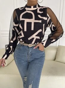 Calvaya Letter Graphic Mock Neck Contrast Mesh Blouse