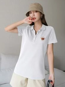 DAZY T-shirt à motif d'ours et de lettre col polo