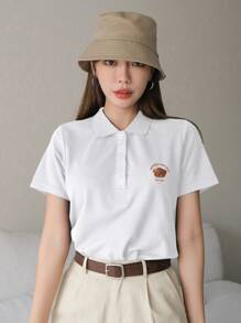 DAZY T-shirt à motif d'ours et de lettre col polo