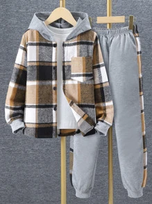 SHEIN Tween Boy 1pc Plaid Print Button Front Hooded Shirt & 1pc Sweatpants - Multicolor - View 1
