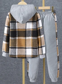 SHEIN Tween Boy 1pc Plaid Print Button Front Hooded Shirt & 1pc Sweatpants - Multicolor - View 2