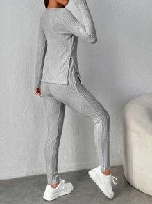 SHEIN PETITE Split Hem Tee & Leggings - Light Grey - View 2