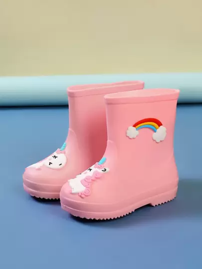 1對小女孩粉色卡通獨角獸圖案雨靴