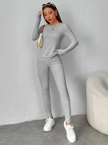 SHEIN PETITE Split Hem Tee & Leggings - Light Grey - View 5