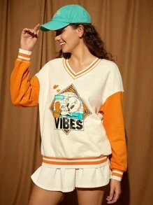 LOONEY TUNES X SHEIN Cartoon and Letter Graphic Colourblock Drop Shoulder Sweatshirt - Beige - View 1