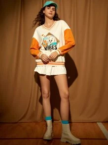 LOONEY TUNES X SHEIN Cartoon and Letter Graphic Colourblock Drop Shoulder Sweatshirt - Beige - View 6