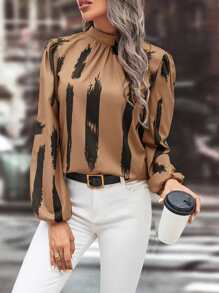SHEIN Clasi Graphic Print Mock Neck Lantern Sleeve Blouse - Brown - View 5