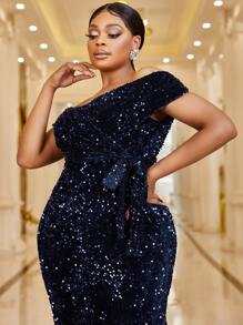 YISIKADO Vestido de hombros descubiertos con cinturón con lentejuelas - Azul Marino - Ver 5