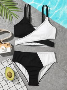 Tween Girl Two Tone Wrap Bikini Set Summer Beach - Black and White - View 1