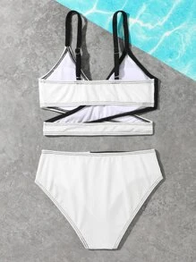 Tween Girl Two Tone Wrap Bikini Set Summer Beach - Black and White - View 2