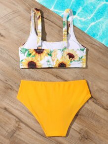 Conjunto de bikini con pliegues con estampado de girasol para niña preadolescente, playa de verano - Multicolor - Ver 2