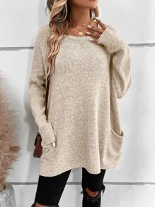 SHEIN LUNE Solid Batwing Sleeve Pocket Detail Jumper - Apricot - View 5