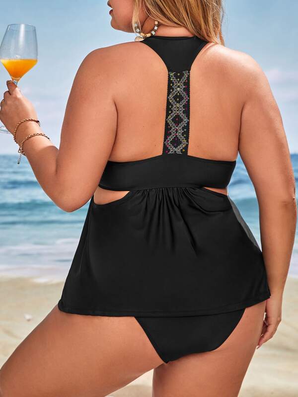 SHEIN Swim BohoFeel Plus Tankini Set Ruched Embroidery Tape Racer Back