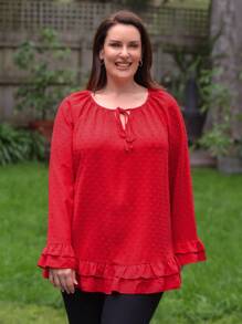 EMERY ROSE Blusa de lunares de cuello con cordón de manga con volante bajo con fruncido - Rojo - Ver 1