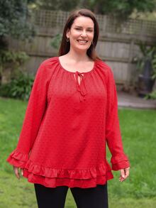 EMERY ROSE Blusa de lunares de cuello con cordón de manga con volante bajo con fruncido - Rojo - Ver 3