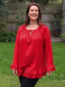 EMERY ROSE Blusa de lunares de cuello con cordón de manga con volante bajo con fruncido - Rojo - Ver 4