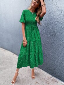 GENKIRA Đầm Viên lá sen Họa tiết hoa Thanh lịch - màu xanh lá - Xem 4