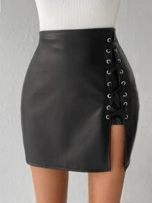 EURMUSE 金屬氣眼繫帶PU皮革半身裙 - 黑色 - 查看 6