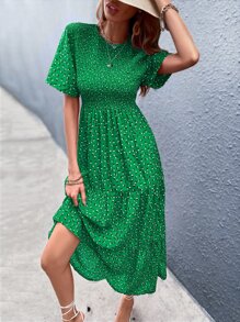 GENKIRA Đầm Viên lá sen Họa tiết hoa Thanh lịch - màu xanh lá - Xem 5