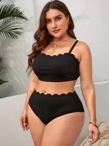 SHEIN Swim Curve Conjunto de bikini de punto acanalado con ribete de borde festoneado para mujer de talla grande, playa de verano - Negro - Ver 3