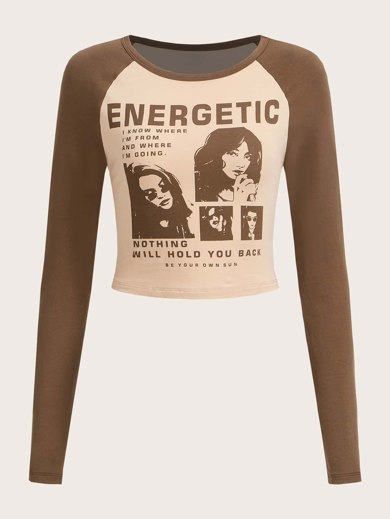 SHEIN EZwear 人物和標語圖案插肩袖短款T恤 - 彩色 - 查看 1