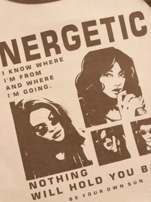 SHEIN EZwear 人物和標語圖案插肩袖短款T恤 - 彩色 - 查看 3