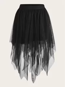 ROMWE PUNK Grunge Asymmetrical Hem Mesh Skirt - Black - View 1