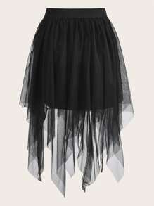 ROMWE PUNK Grunge Asymmetrical Hem Mesh Skirt - Black - View 2