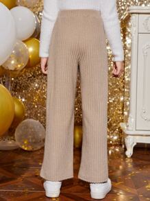 SHEIN Girls Letter Patched Detail Ribbed Knit Wide Leg Trousers - Apricot - View 2