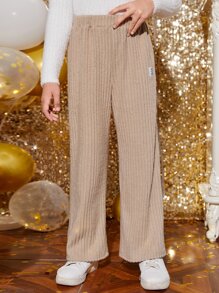 SHEIN Girls Letter Patched Detail Ribbed Knit Wide Leg Trousers - Apricot - View 3