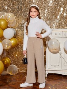 SHEIN Girls Letter Patched Detail Ribbed Knit Wide Leg Trousers - Apricot - View 6