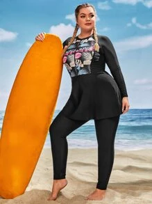 SHEIN Camiseta rash de protección solar de cobertura total con estampado tropical para tallas grandes, para la playa de verano - Negro - Ver 3