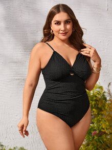 SHEIN Swim Curve 大碼前扭結連體泳衣 - 黑色 - 查看 4