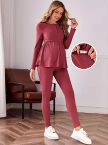 SHEIN Maternidad Conjunto Leggings con camiseta tejido de canalé - Color caoba - Ver 1