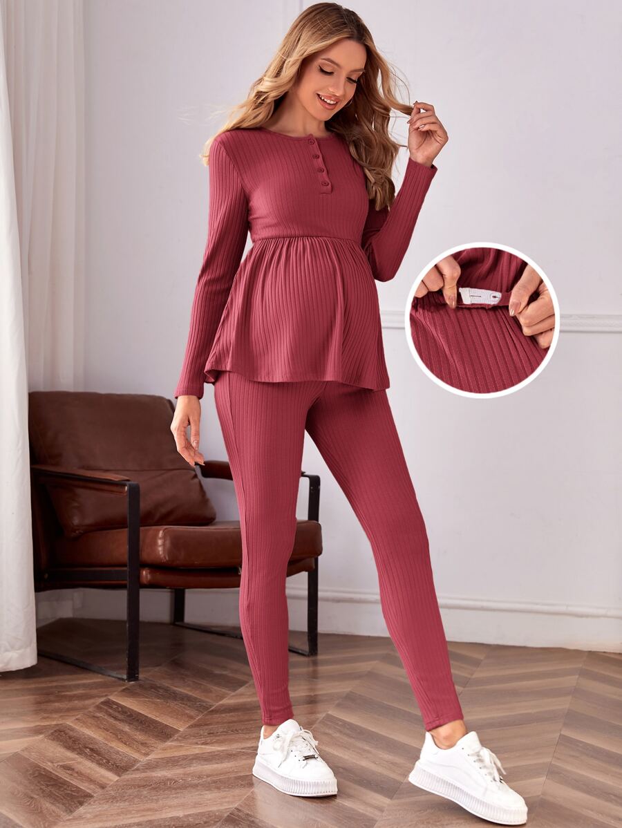 SHEIN Maternidad Conjunto Leggings con camiseta tejido de canalé - Color caoba - Ver 1