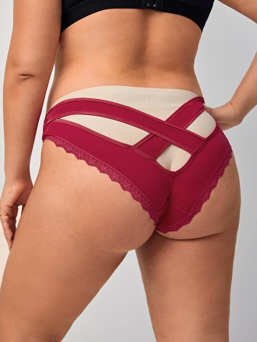 Plus Contrast Lace Cut-out Panty - Rose Red - View 1