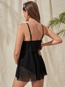 SHEIN Summer Beach Maternity Solid Swim Dress With Bikini Bottom, Maternity Bathing Suit - Black - View 2