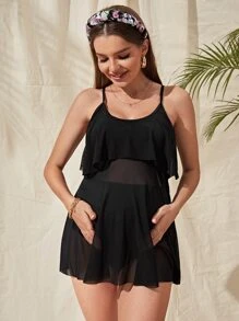 SHEIN Summer Beach Maternity Solid Swim Dress With Bikini Bottom, Maternity Bathing Suit - Black - View 3