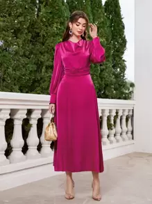 Modelyn Draped Collar Ruched Waist A-line Dress - Hot Pink - View 1