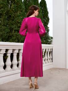 Modelyn Draped Collar Ruched Waist A-line Dress - Hot Pink - View 2