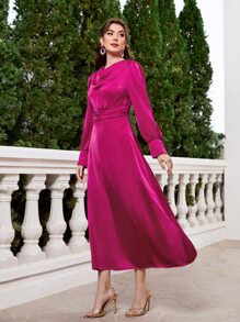 Modelyn Draped Collar Ruched Waist A-line Dress - Hot Pink - View 3