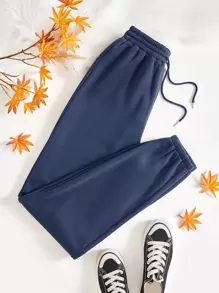 SHEIN Tall Solid Drawstring Waist Sweatpants - Navy Blue - View 1