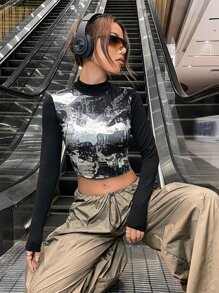 SHEIN ICON Gorpcore Mock Neck Graphic Print Crop Tee - Black - View 4