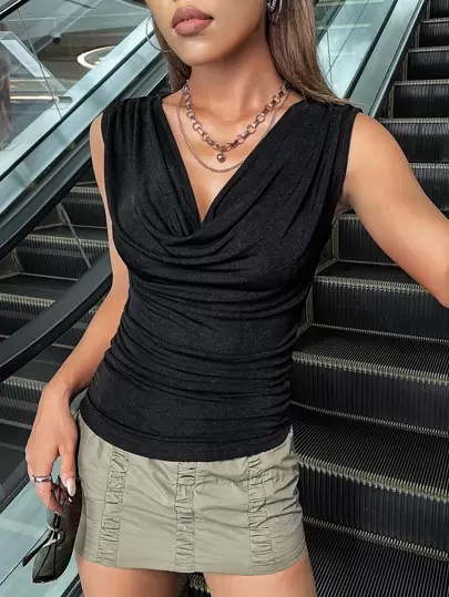 SHEIN ICON Draped Collar Ruched Tank Top