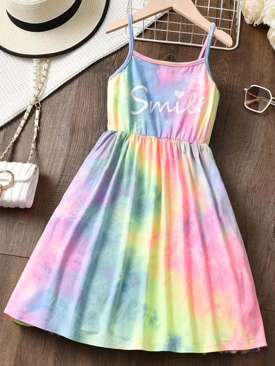 Tween Girl Tie-Dye Spaghetti Strap Sleeveless Short Dress With Letter Graphic, Holiday Style - Multicolor - View 1