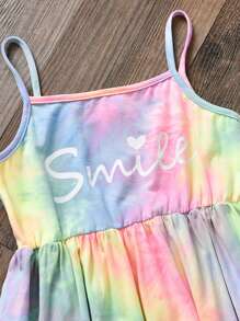 Tween Girl Tie-Dye Spaghetti Strap Sleeveless Short Dress With Letter Graphic, Holiday Style - Multicolor - View 3