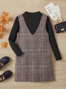 SHEIN Girls Mock Neck Tee & Plaid Print Overall Dress - Multicolor - View 1