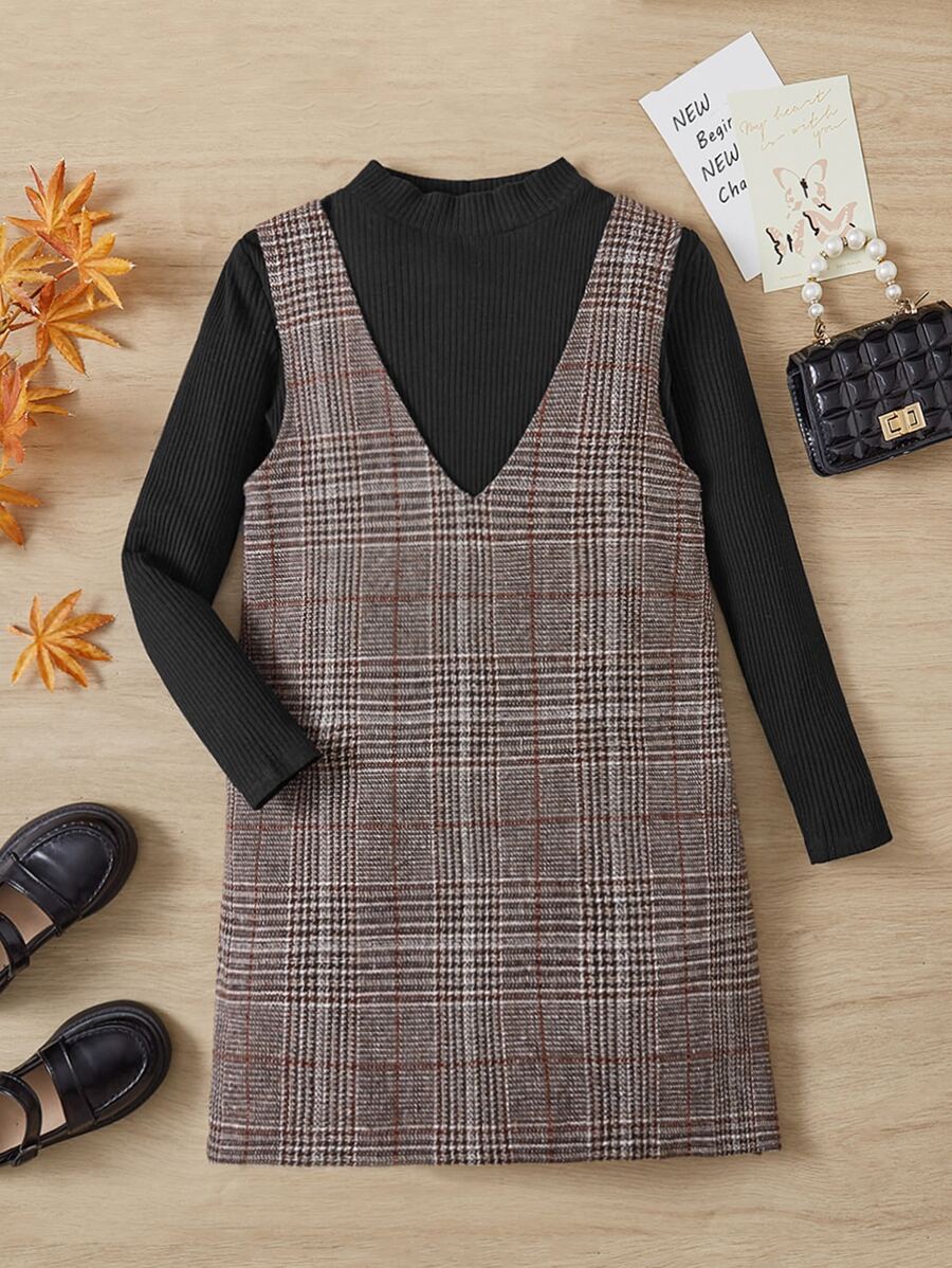 SHEIN Girls Mock Neck Tee & Plaid Print Overall Dress - Multicolor - View 1