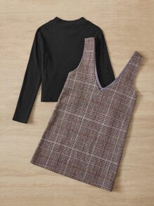 SHEIN Girls Mock Neck Tee & Plaid Print Overall Dress - Multicolor - View 2