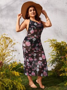 SHEIN Plus Floral Print Sheer Cover Up Dress - Multicolor - View 3